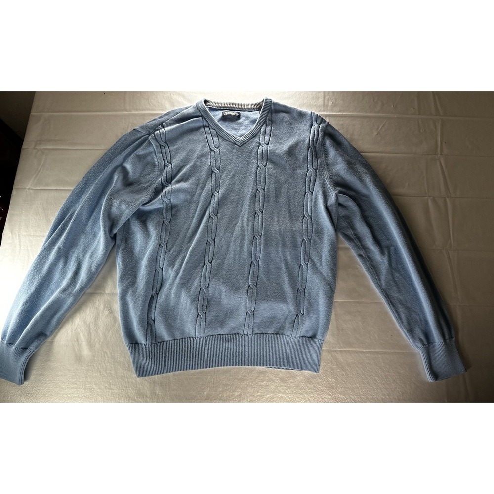 Consensus Cable Knit V-Neck Sweater Mens Medium Light Blue Cotton Vintage Preppy